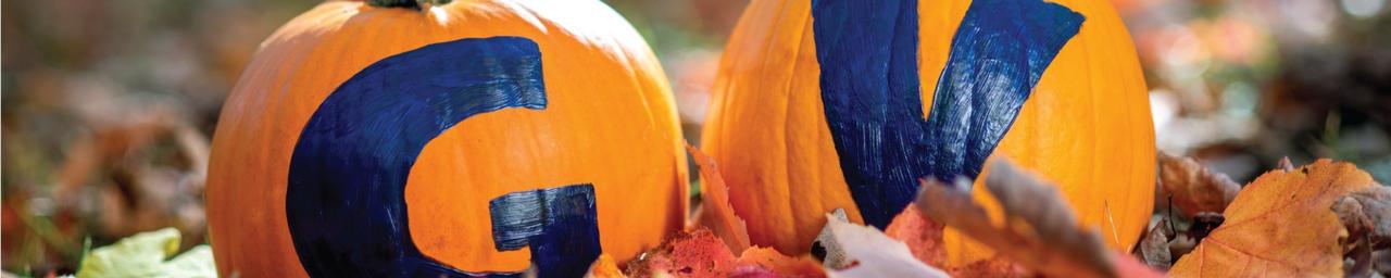 Two pumpkins painted with Grand Valley initials